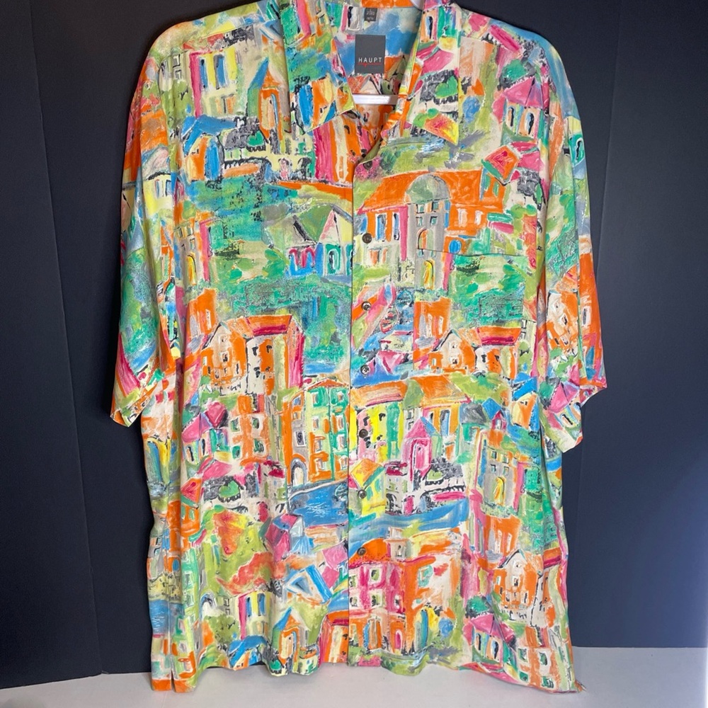 Haupt Mens Large Colorful Abstract Art Village Button Up Shirt Short Sleeve